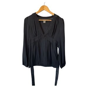 Ann Taylor black 100% silk semi-sheer V-neck tie-back blouse size 4